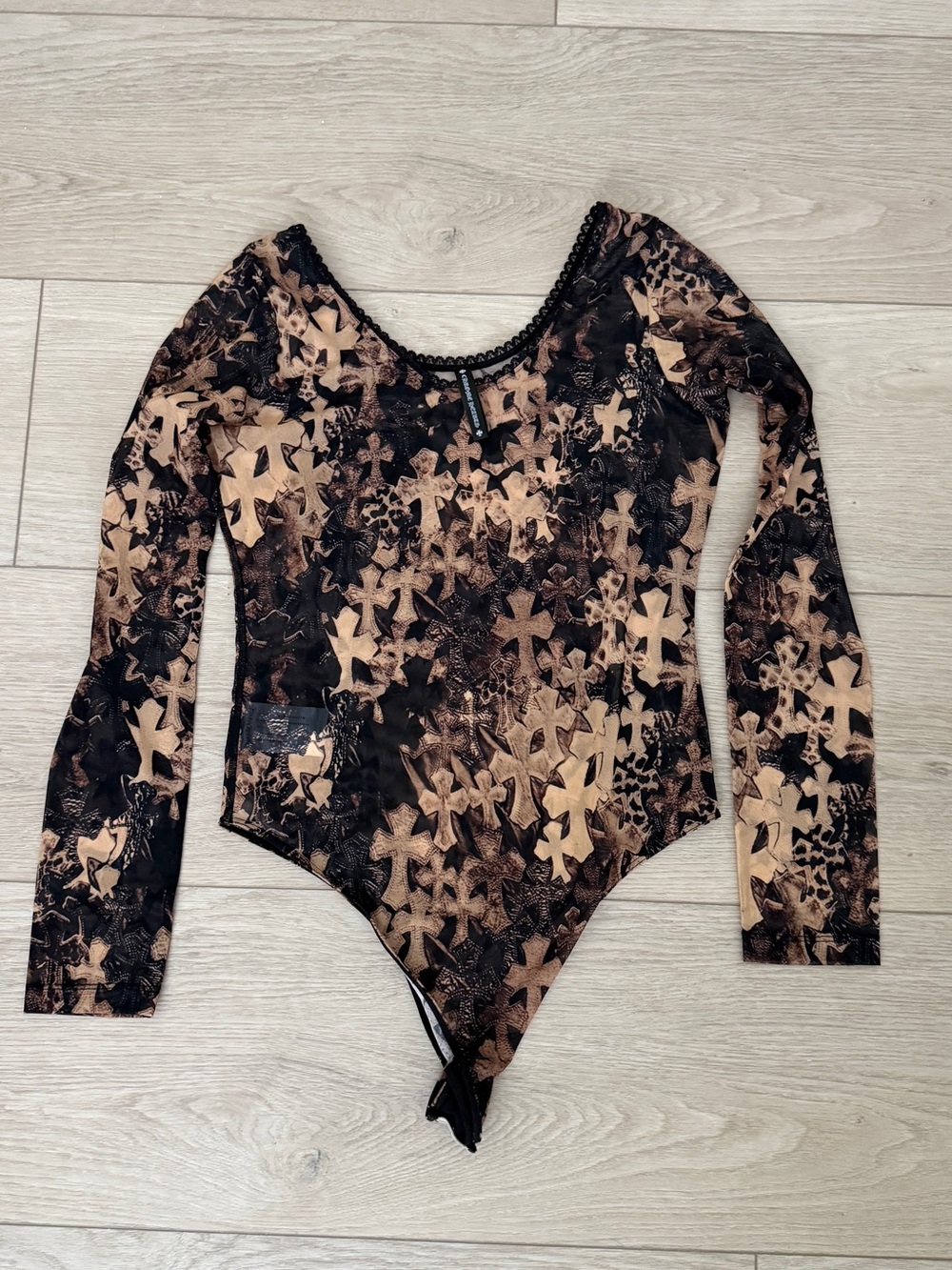 Chrome Hearts Black and Tan Cross-Print Long Sleeve Bodysuit